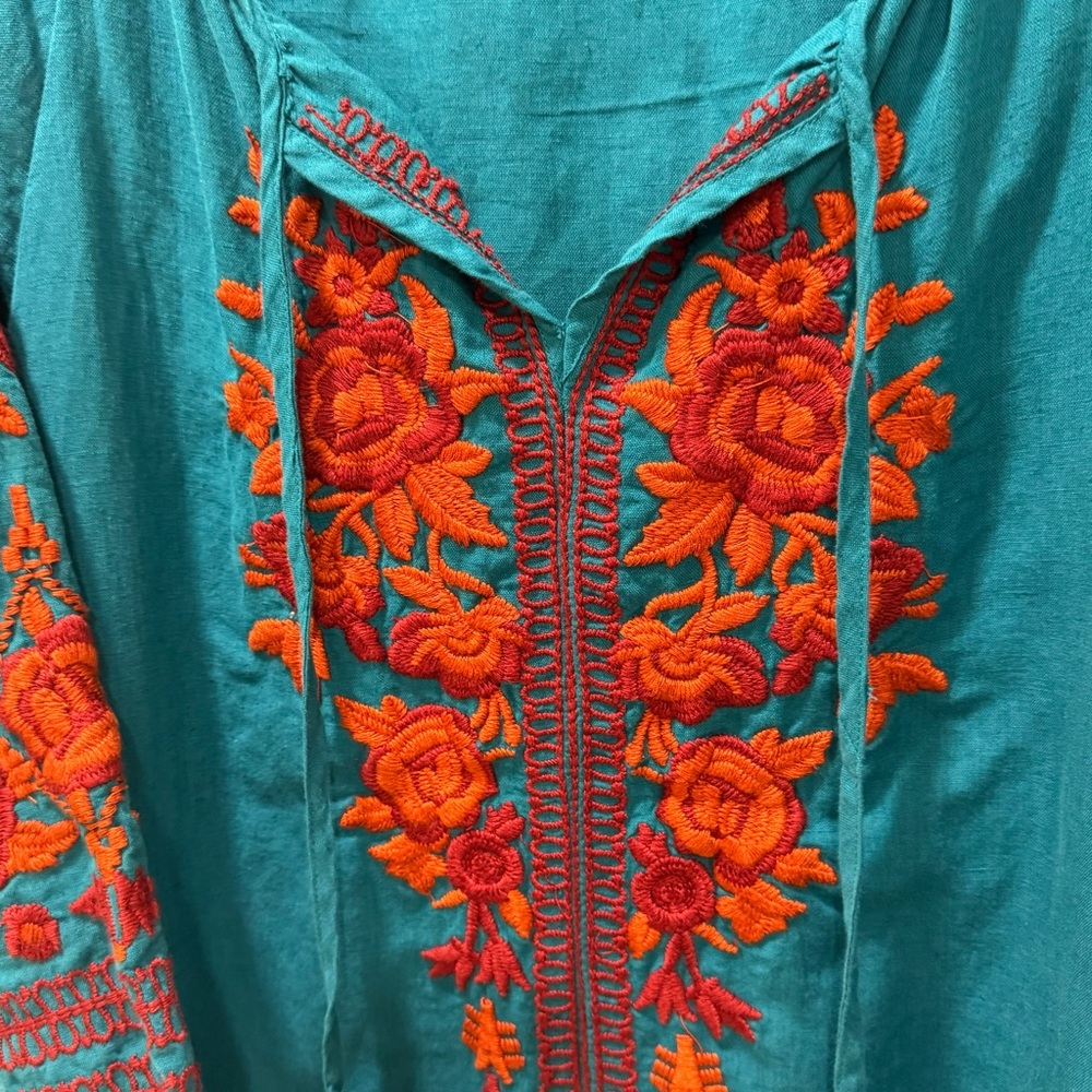 Soft Surrounding Women's 1X Cotton Linen Embroidered Tunic Dress Teal Orange - Picture 4 of 14
